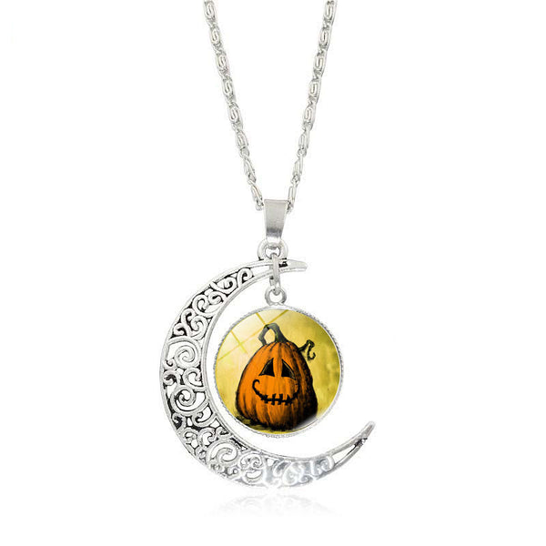 Crescent Moon Glass Cabochon Halloween Pendant Necklaces