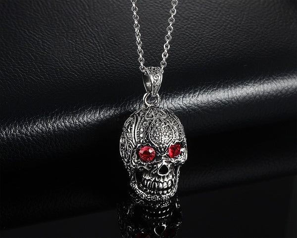 Stainless Steel Gothic Skull Pendant Necklace for Man with Red Cubic Zirconia 24" Chain