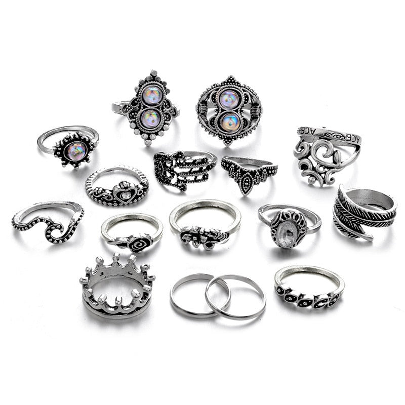 16 Pcs/Set Bohemian Silver Rings
