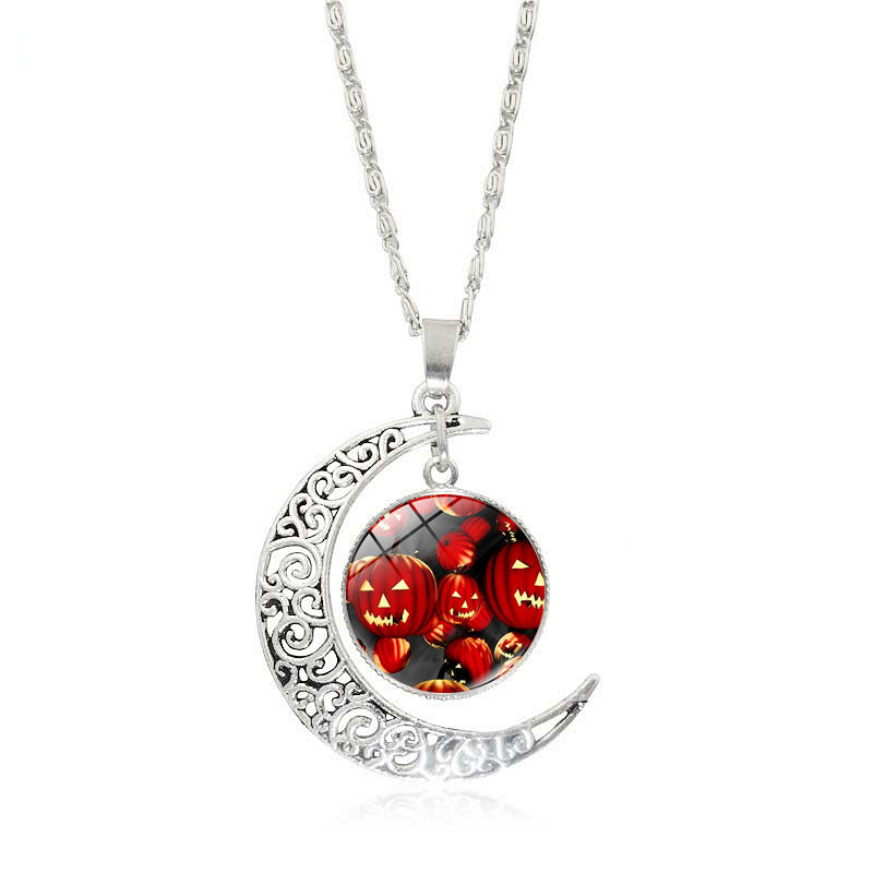 Crescent Moon Glass Cabochon Halloween Pendant Necklaces