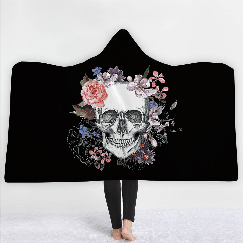 Gothic Floral Skull Hooded Blanket