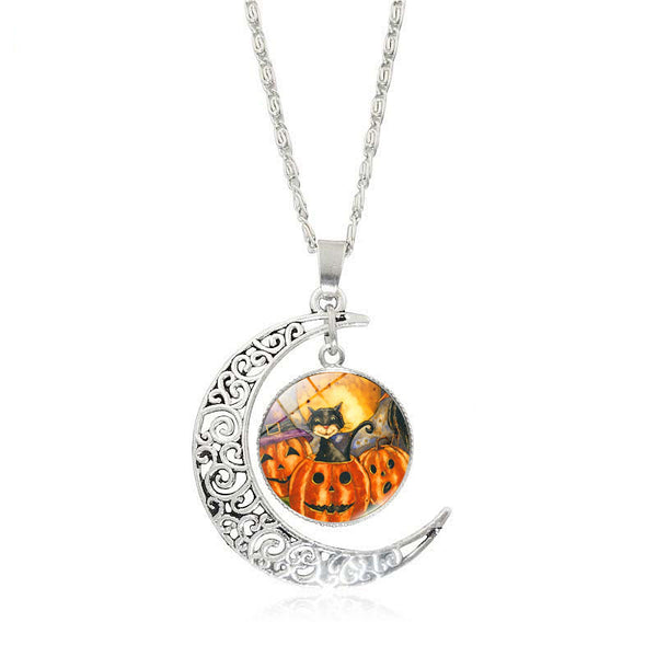 Crescent Moon Glass Cabochon Halloween Pendant Necklaces