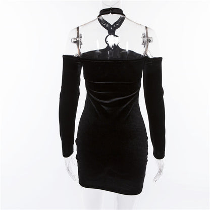 Gothic Long Sleeve Velvet Halter Black Dress