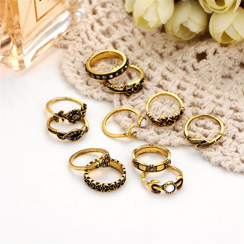 11pcs/Set Vintage Punk Antique Moon Leaf Flower Rings - The Official Strange & Creepy Store!