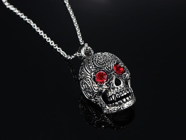 Stainless Steel Gothic Skull Pendant Necklace for Man with Red Cubic Zirconia 24" Chain