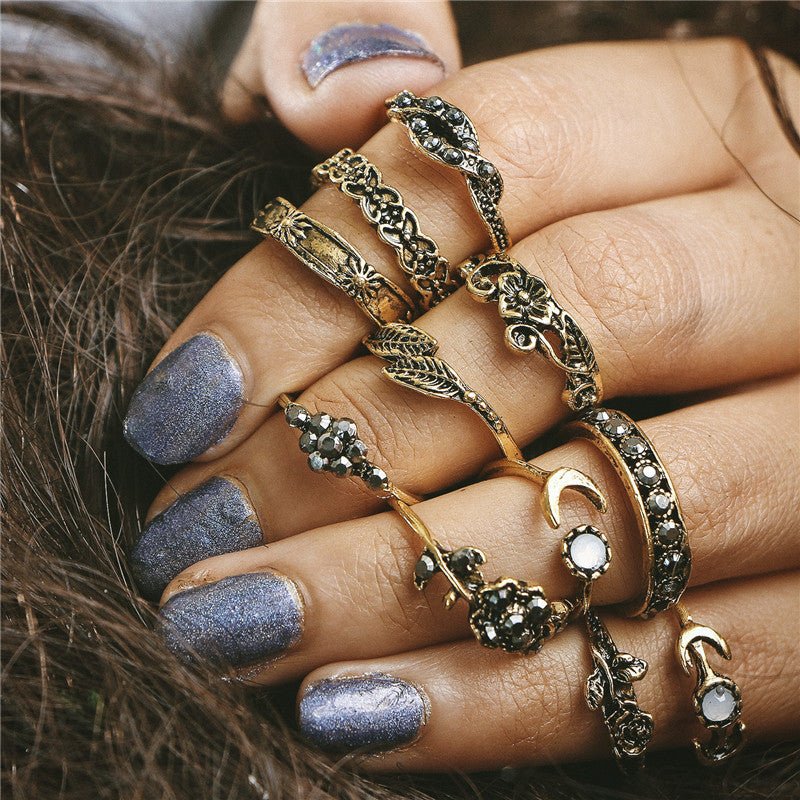 11pcs/Set Vintage Punk Antique Moon Leaf Flower Rings - The Official Strange & Creepy Store!