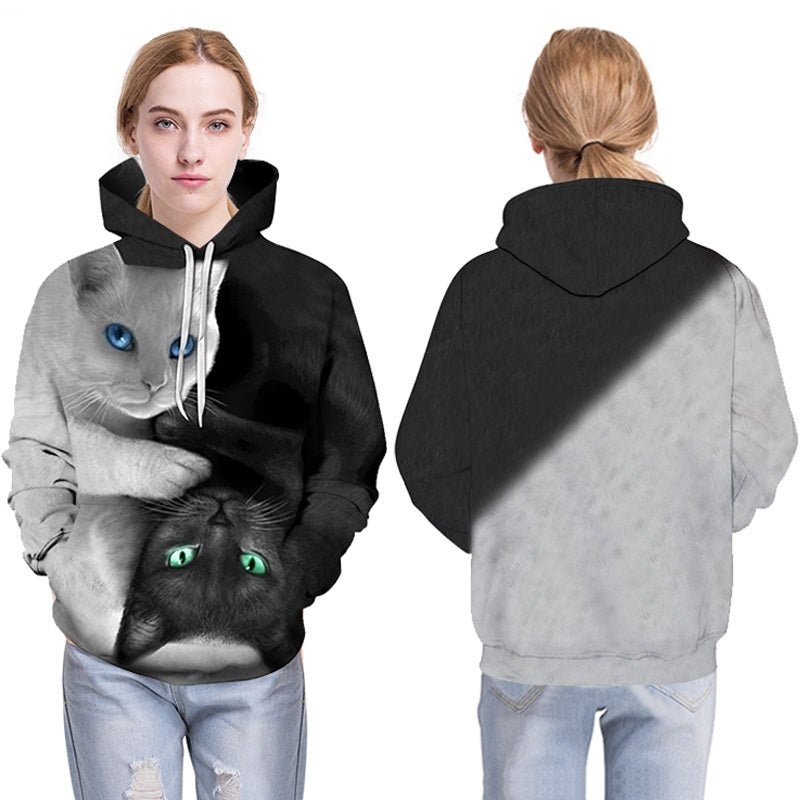 3D Black And White Pull Over Cat Hoodie