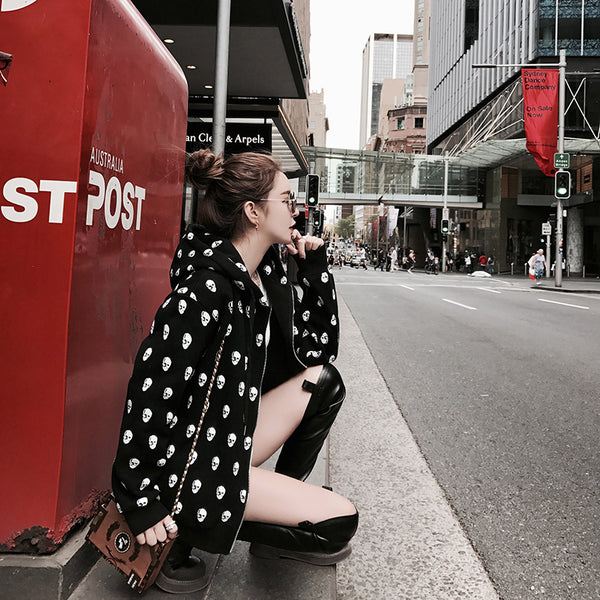 Skull Print Loose Casual Zipper Hoodie