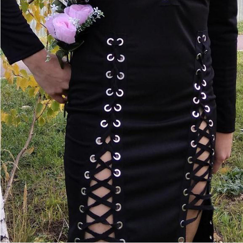 Lace Up Long Sleeve Black Gothic Dress