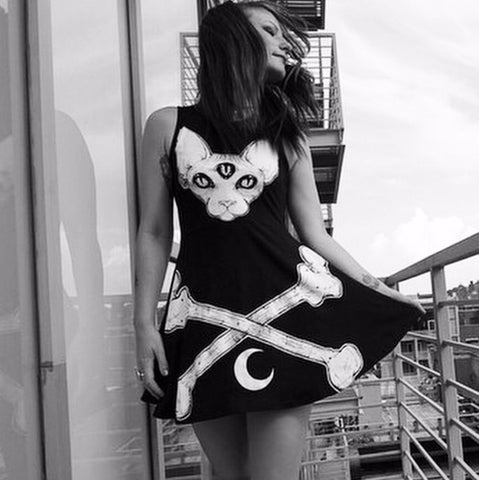 Gothic Cat Moon Slim Mini Dress