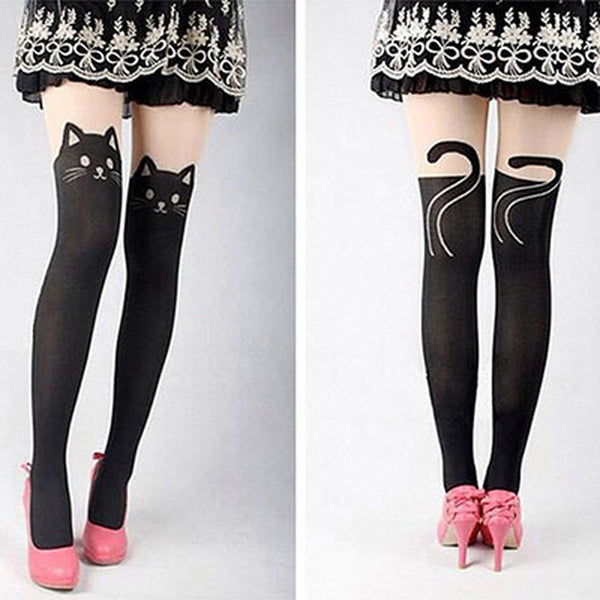 Stretch Tights Cat Print Stockings
