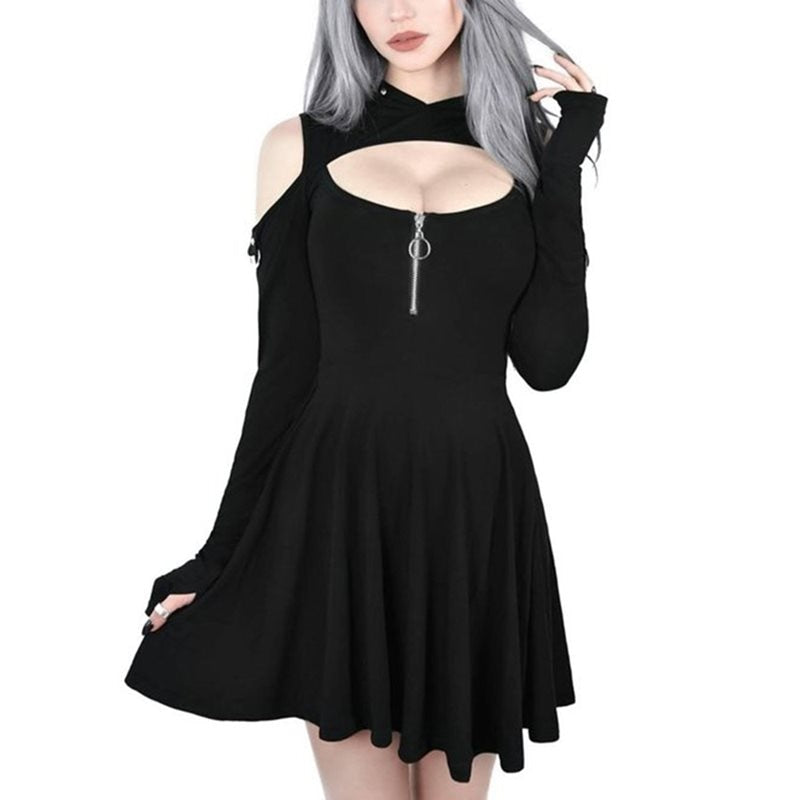 Off Shoulder Long Sleeve Hooded Gothic Dress