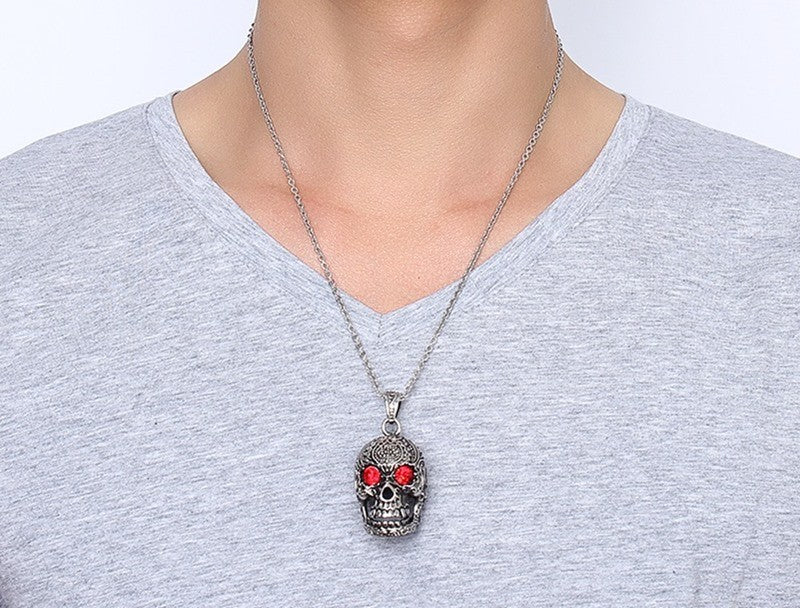 Stainless Steel Gothic Skull Pendant Necklace for Man with Red Cubic Zirconia 24" Chain