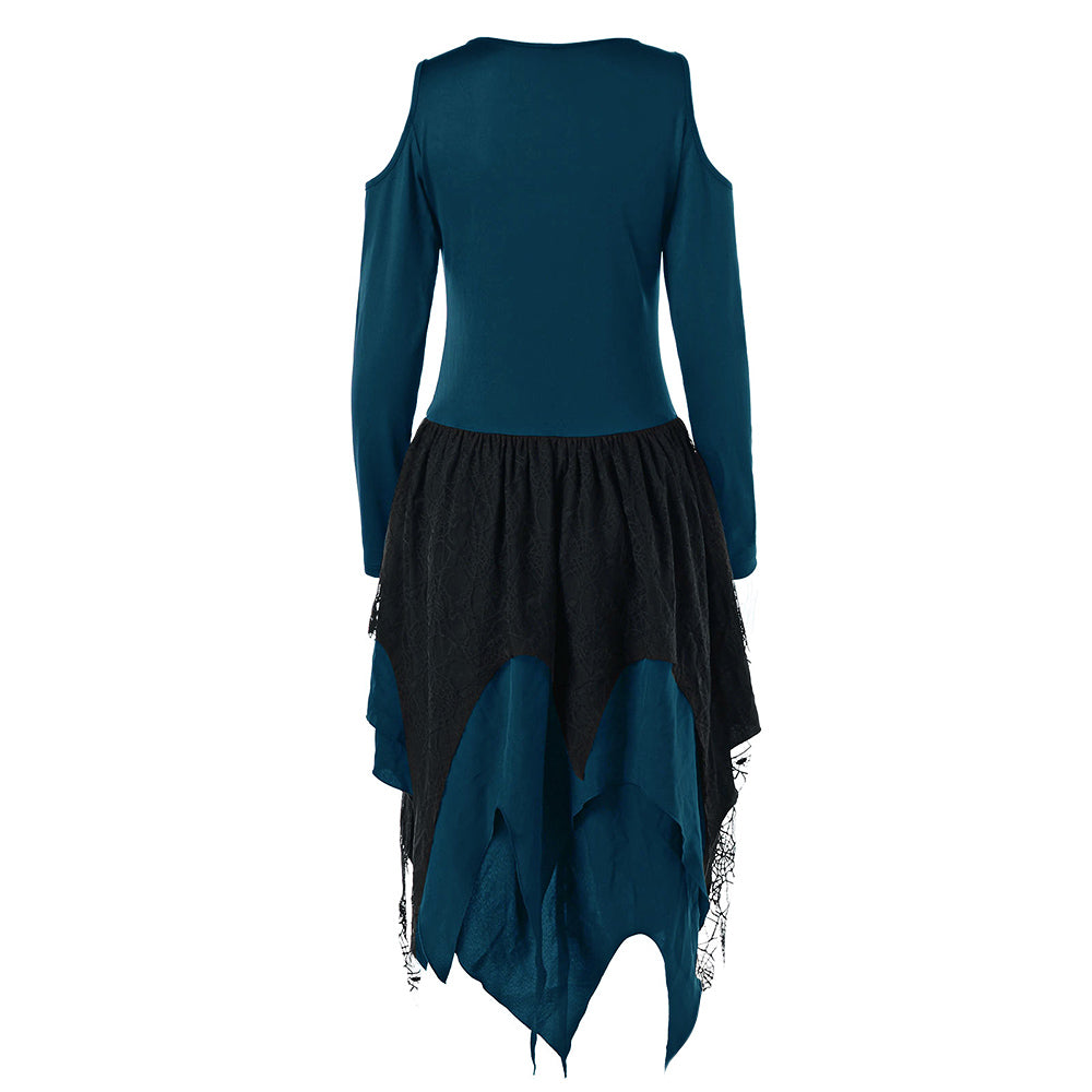 Gothic Cold Shoulder Long Sleeve Lace Up Layered Gamiss Handkerchief Dress