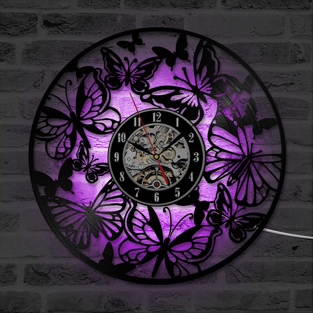 LED Butterfly Vinyl 7 Color Changing 3D Clock