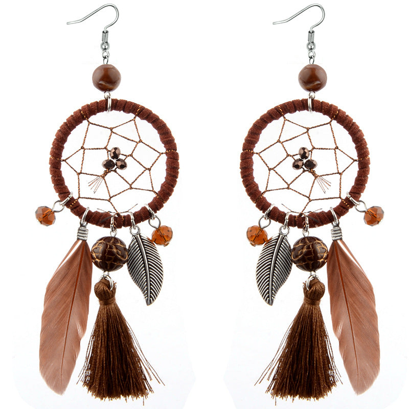 Bohemia Leaf Feather Dreamcatcher Earrings