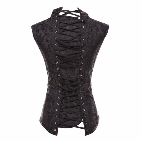Black Brocade Collared Steampunk Corset Vest