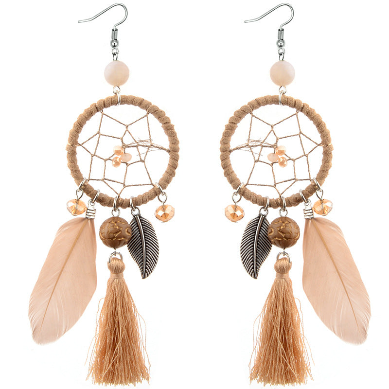 Bohemia Leaf Feather Dreamcatcher Earrings