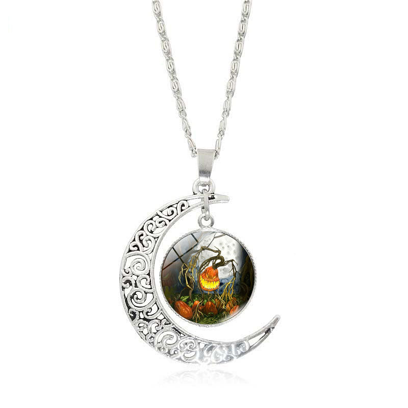 Crescent Moon Glass Cabochon Halloween Pendant Necklaces