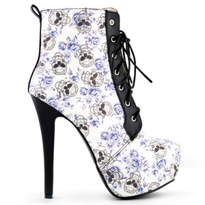 Blue Skull Lace Up Gothic Ankle Heel Boots