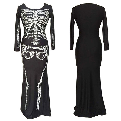 Punk Skeleton Skull Print O-Neck Full Sleeve Slim Dress