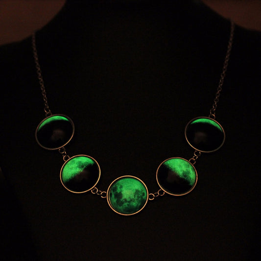 Luminous Dome Cabochon Glow In The  Dark Lunar Moon Phase Necklace