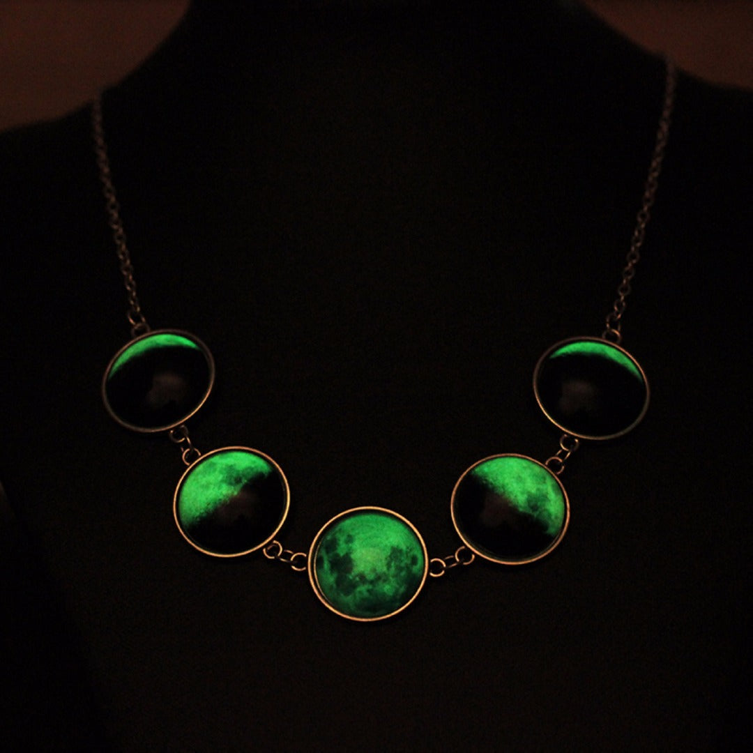 Luminous Dome Cabochon Glow In The  Dark Lunar Moon Phase Necklace