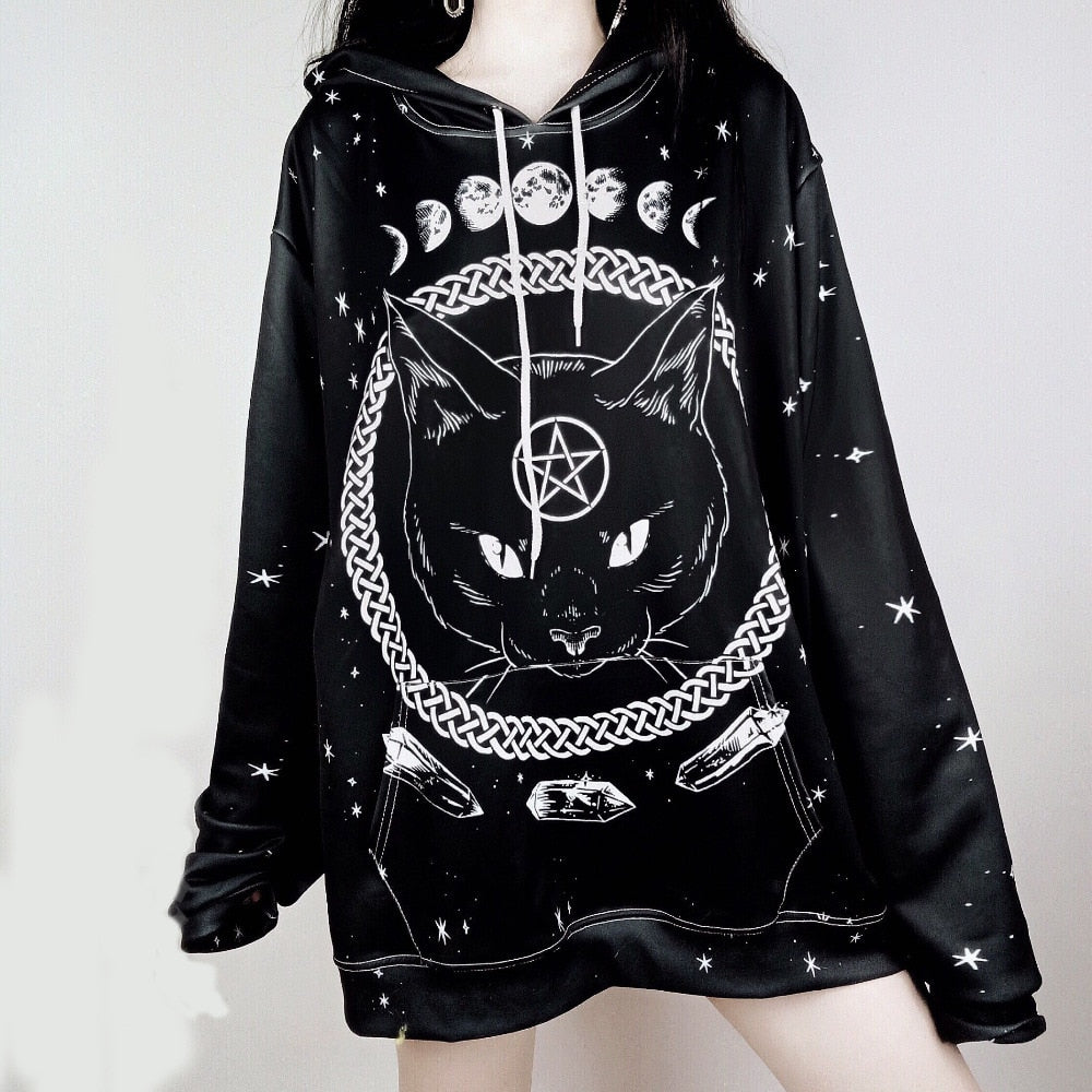 Moon Phase Cat Black Hooded Sweatshirt