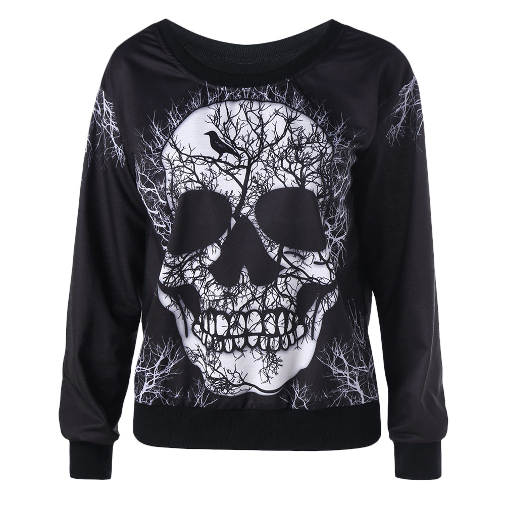 Skew Neck Skull 3D Print Womens Sweatshirt  Pullover Top