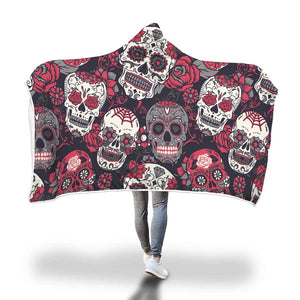 Red Sugar Skull Floral Hooded Blanket