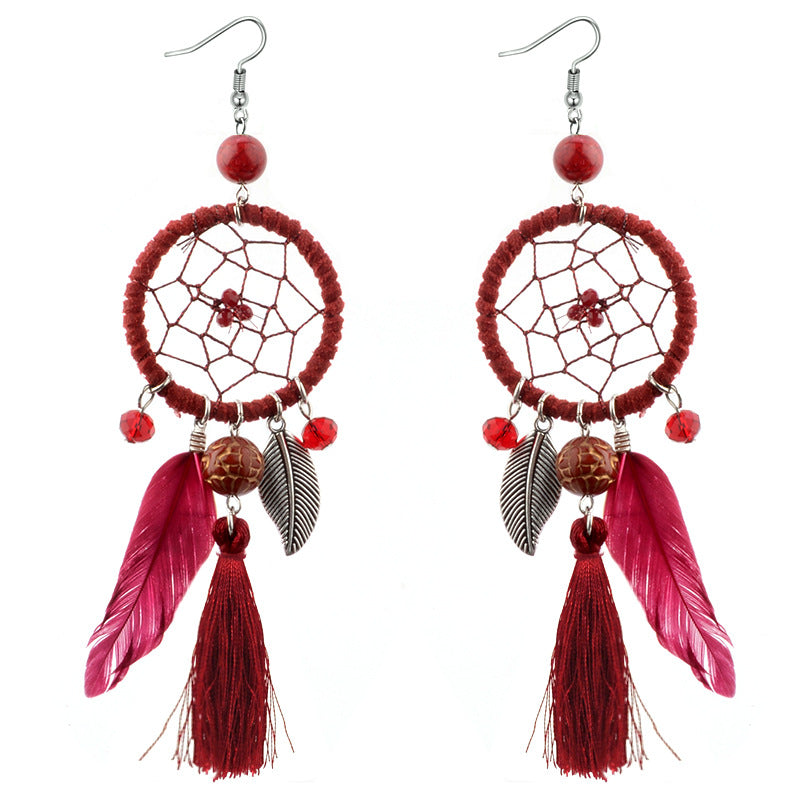 Bohemia Leaf Feather Dreamcatcher Earrings