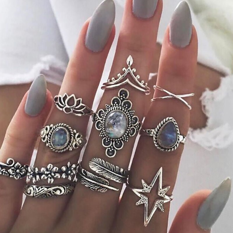 11 Pcs/Set Boho Flower Silver Rings - The Official Strange & Creepy Store!