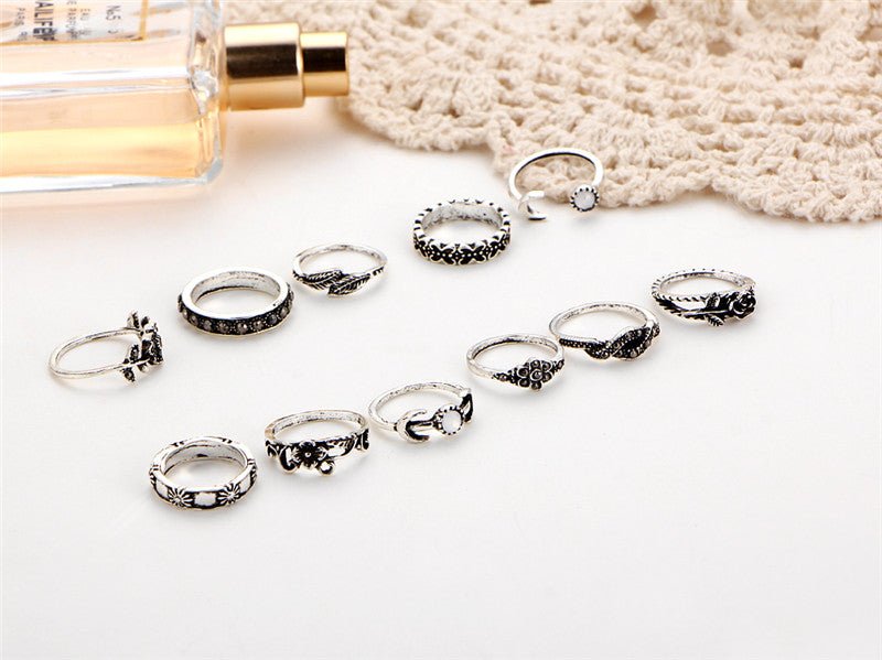 11pcs/Set Vintage Punk Antique Moon Leaf Flower Rings - The Official Strange & Creepy Store!