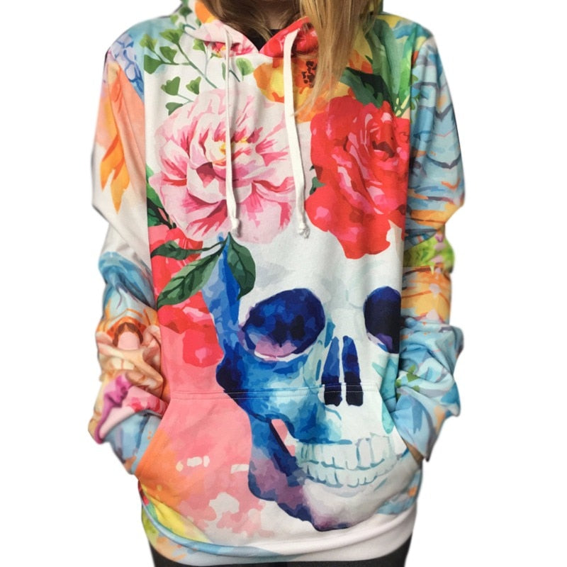 3D Printed Flowers Skull Colorful Hoodie Sweatshirt