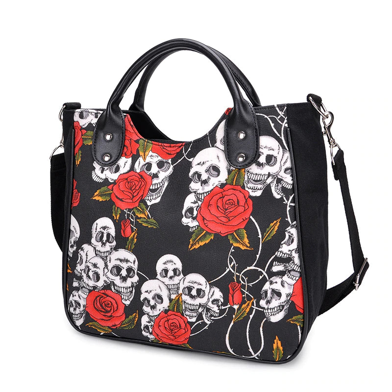 Black Gothic Style Skull Rose Purse Bag