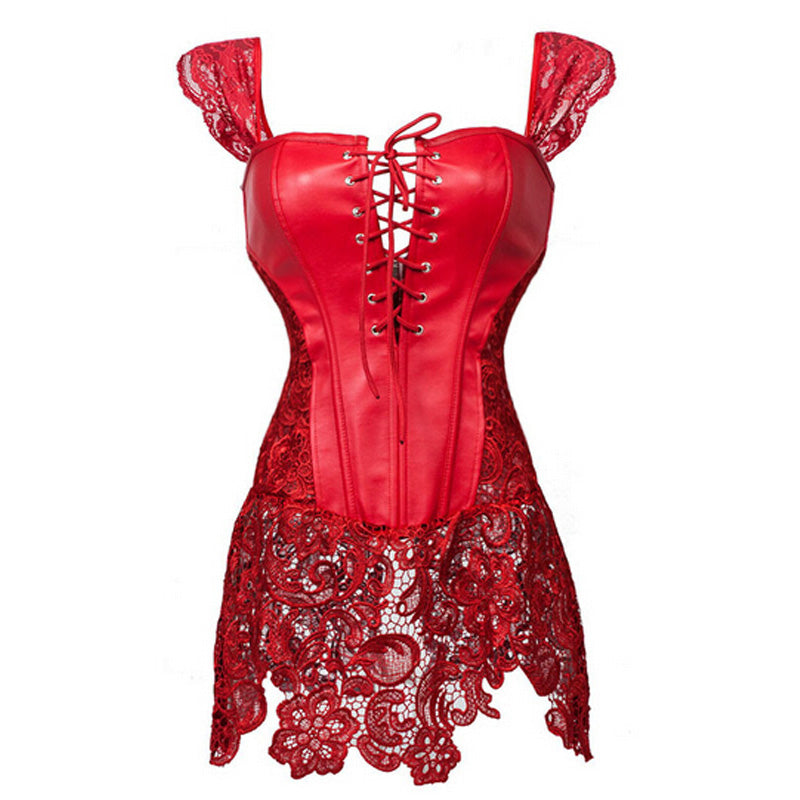 Women Black Faux Leather & Lace Burlesque Steampunk Corset Dress