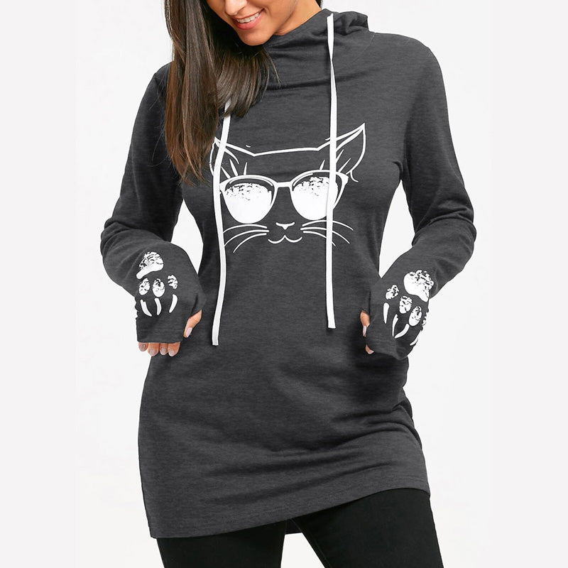 Cat Printed Slim Hoodie Sweatshirt