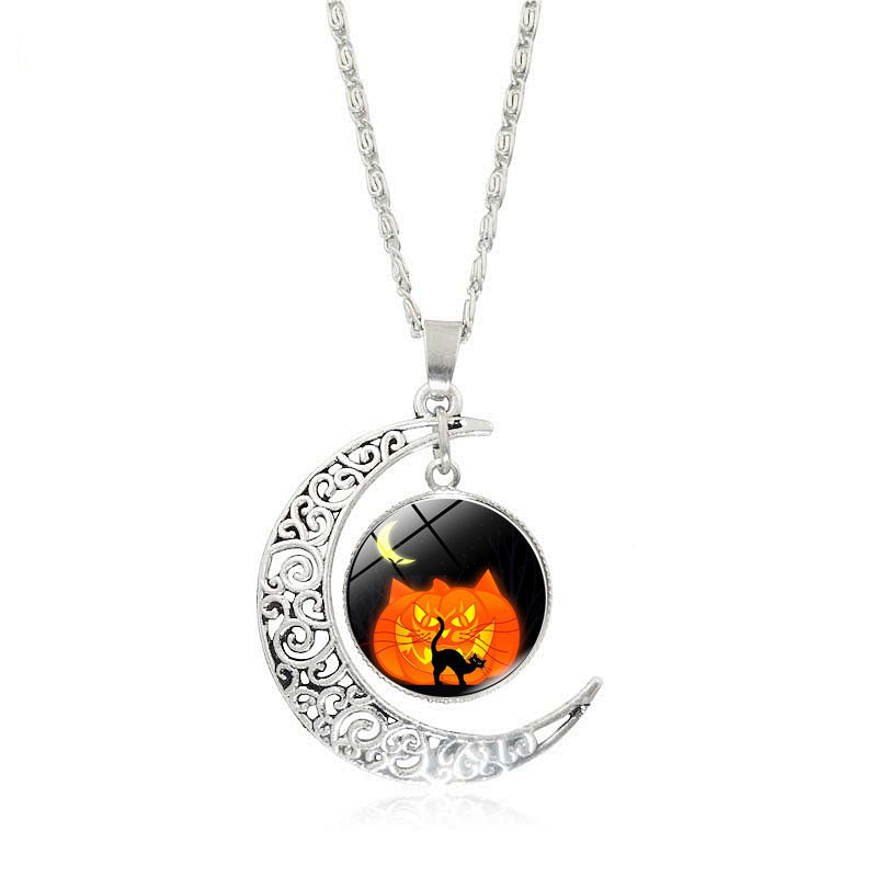 Crescent Moon Glass Cabochon Halloween Pendant Necklaces