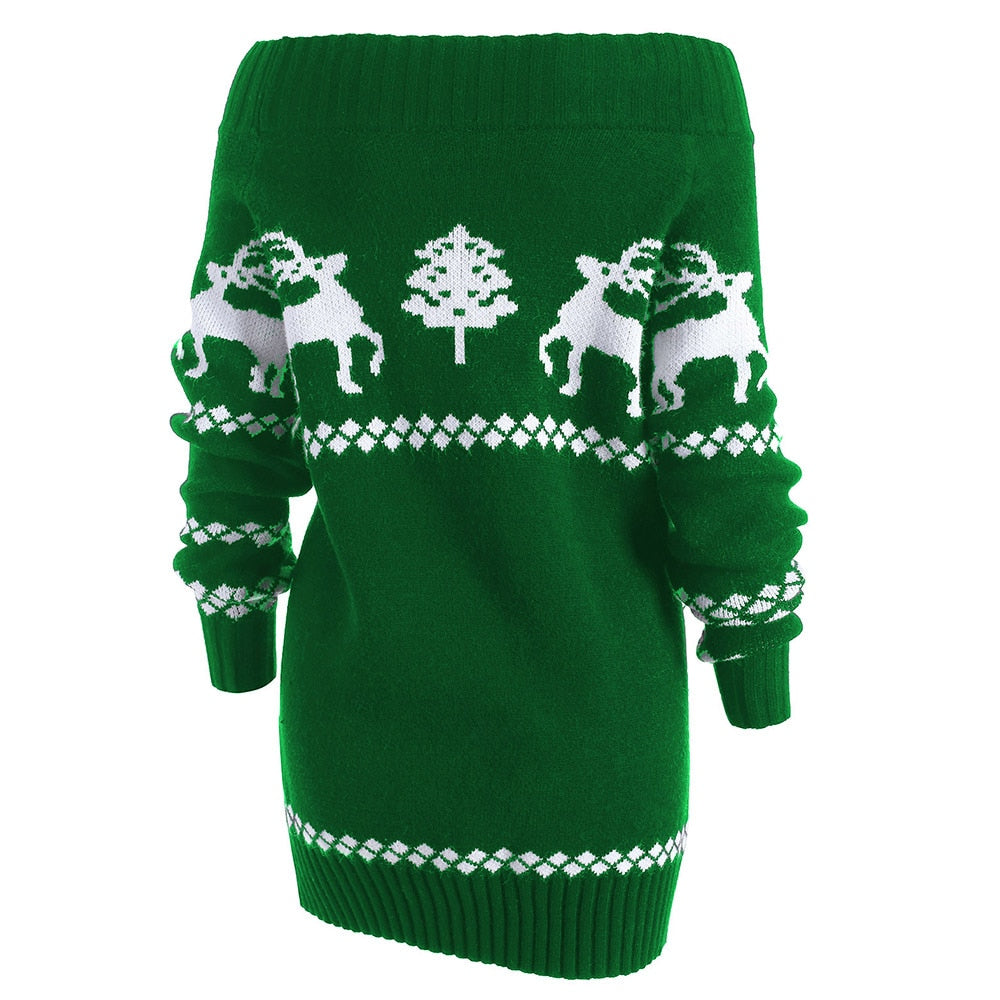 Off The Shoulder Elk Print Christmas Sweater