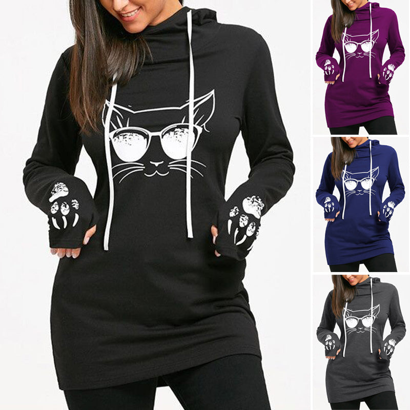 Cat Printed Slim Hoodie Sweatshirt