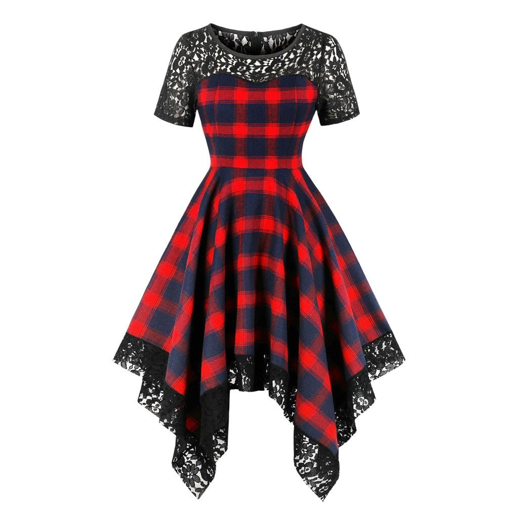 Vintage Red Plaid Gothic Asymmetrical Dress
