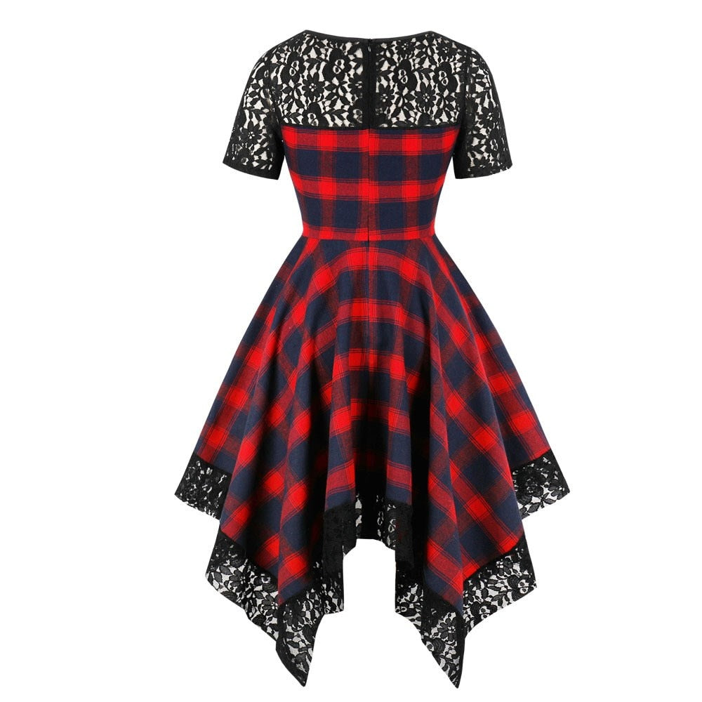 Vintage Red Plaid Gothic Asymmetrical Dress
