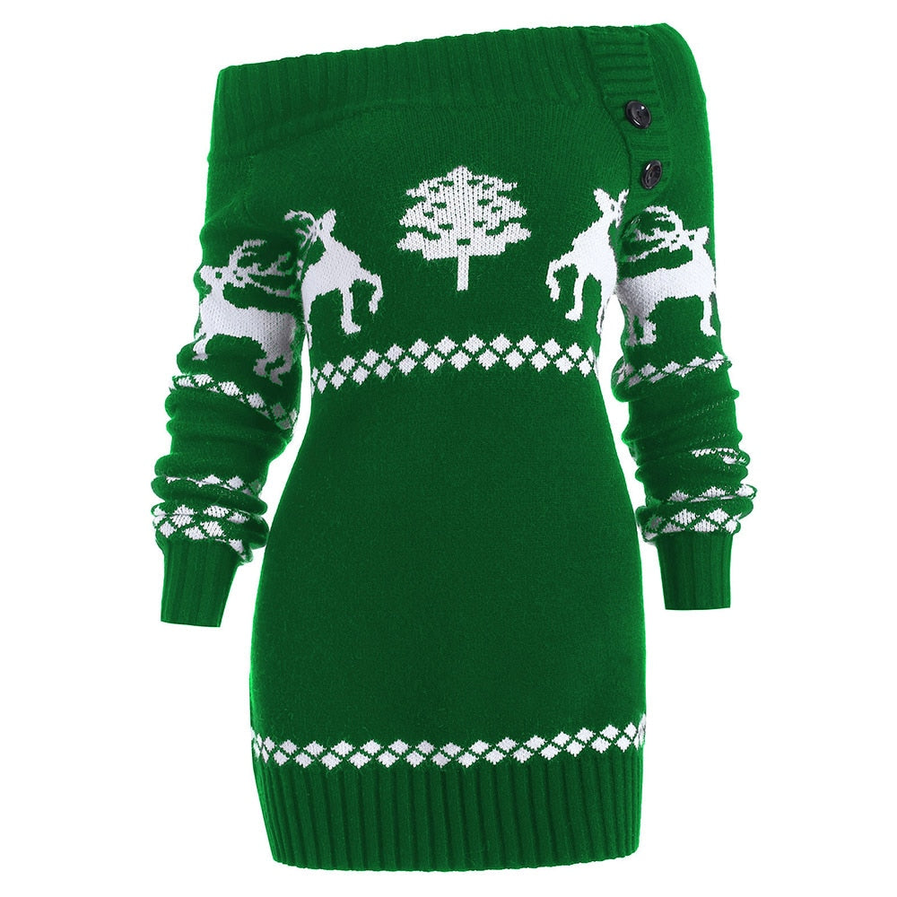 Off The Shoulder Elk Print Christmas Sweater