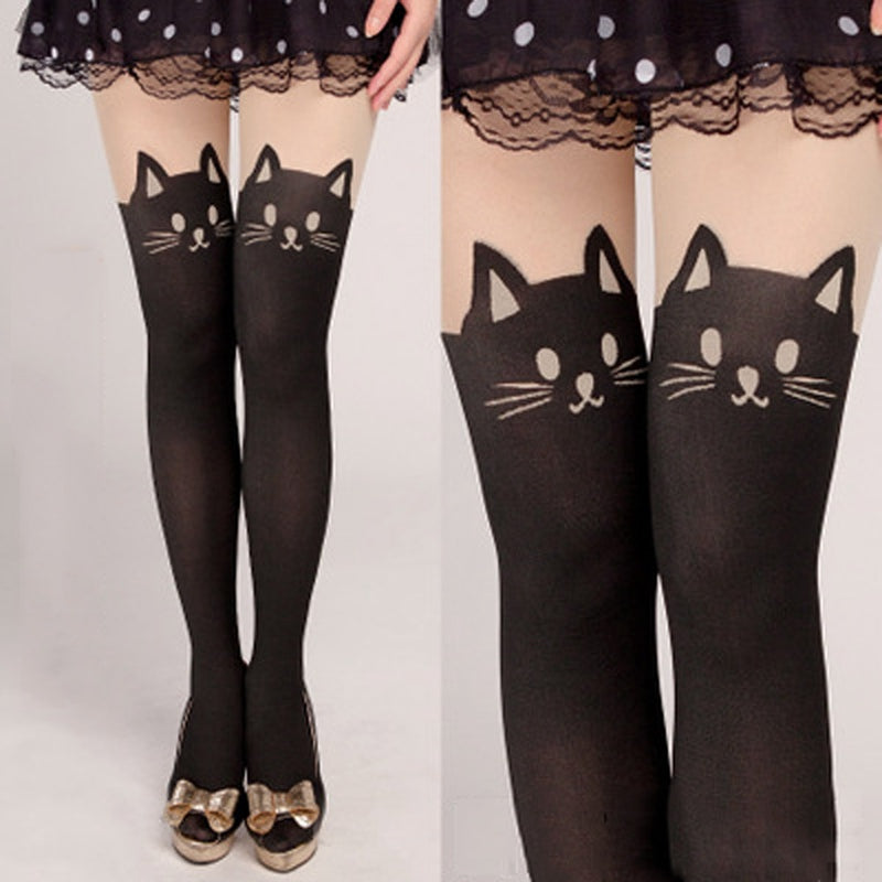 Stretch Tights Cat Print Stockings