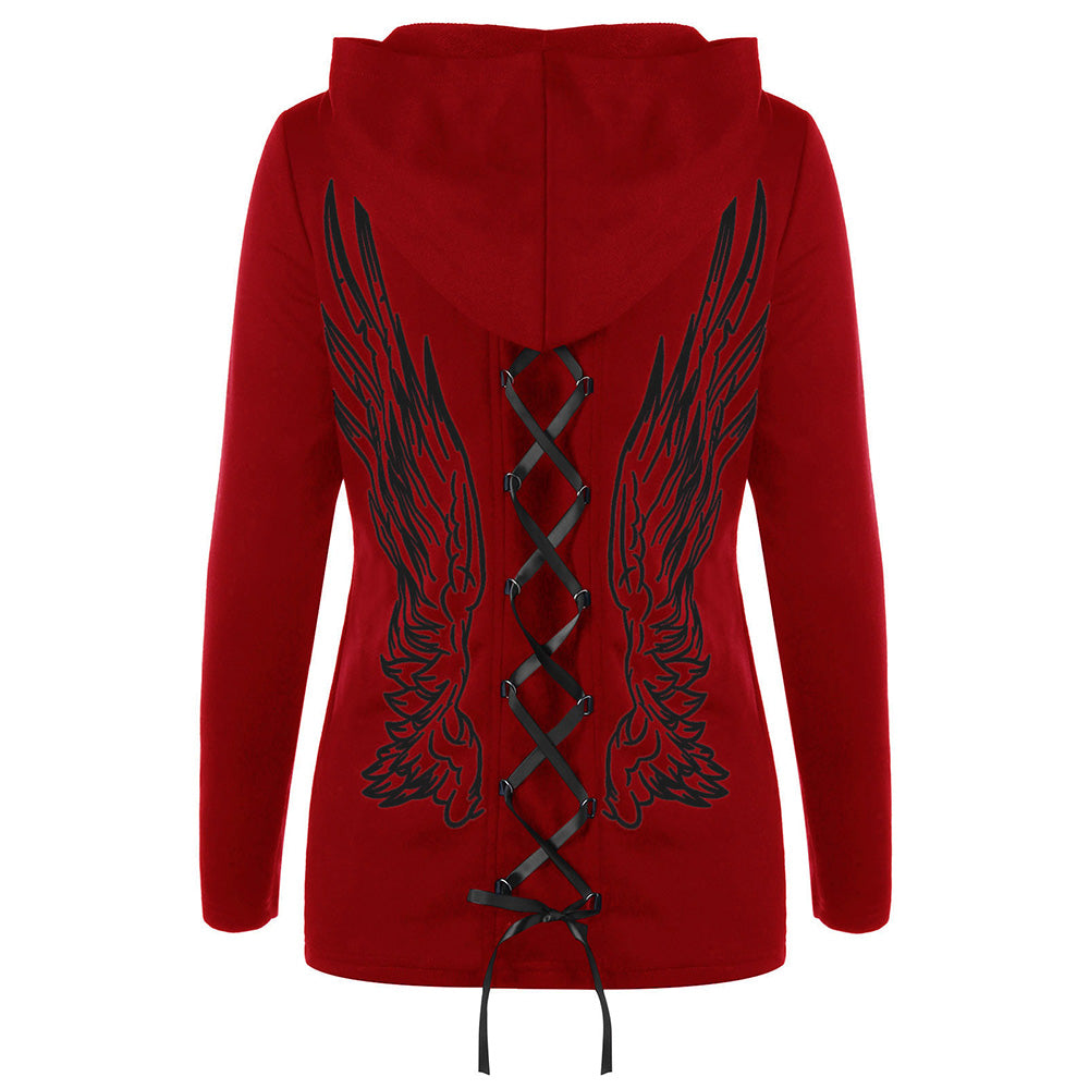 VESTLINDA Lace-up Wings Print Zip Up Hooded Sweatshirt