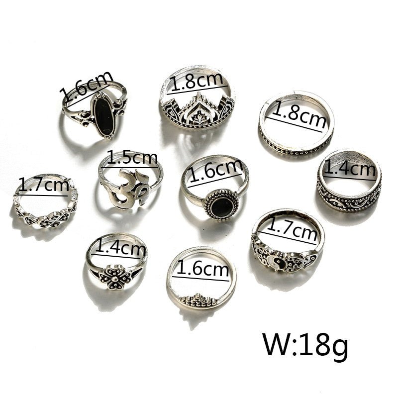 10pcs/Set Bohemia Silver & Black Rings - The Official Strange & Creepy Store!