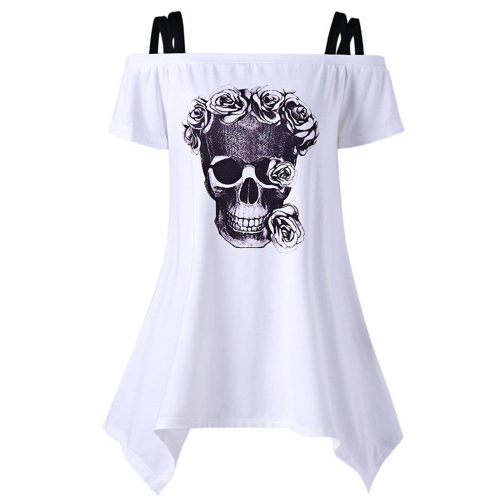 VestLinda Asymmetric Off Shoulder Skull Blouse