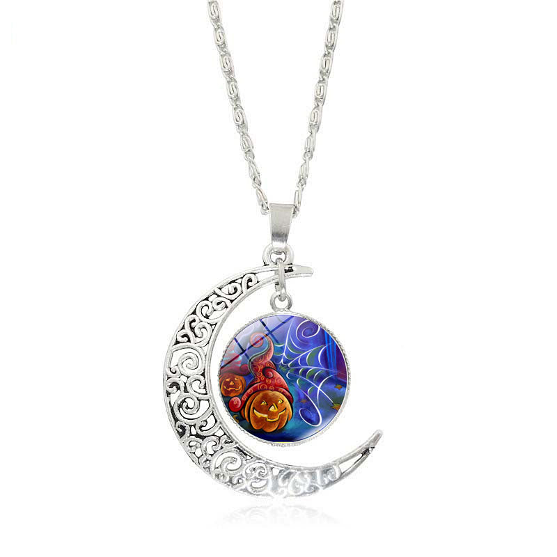 Crescent Moon Glass Cabochon Halloween Pendant Necklaces