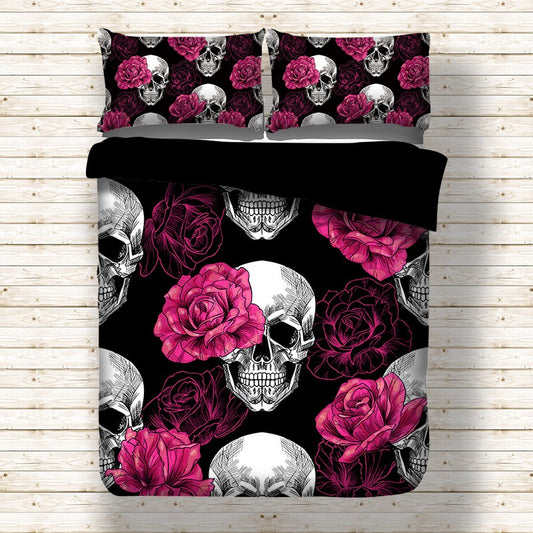 3pcs Black Rose Skull Gothic Bedding Set
