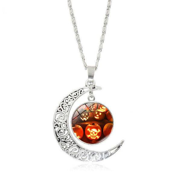 Crescent Moon Glass Cabochon Halloween Pendant Necklaces